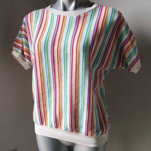 Vibrant color stripe short sleeve blouse with white ribbing bottom sleeve 1970's